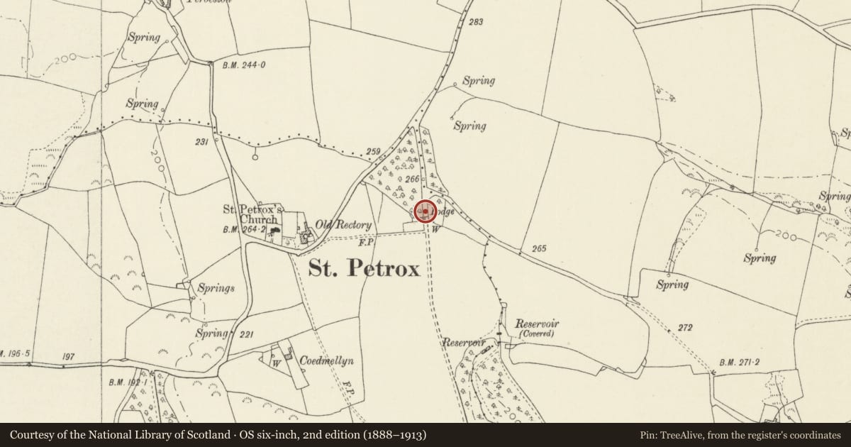Ordnance Survey six-inch map, 2nd edition (1888–1913) covering the location of North Lodge Piers, Stackpole and Castlemartin, Pembrokeshire, with a pin at the register's coordinates