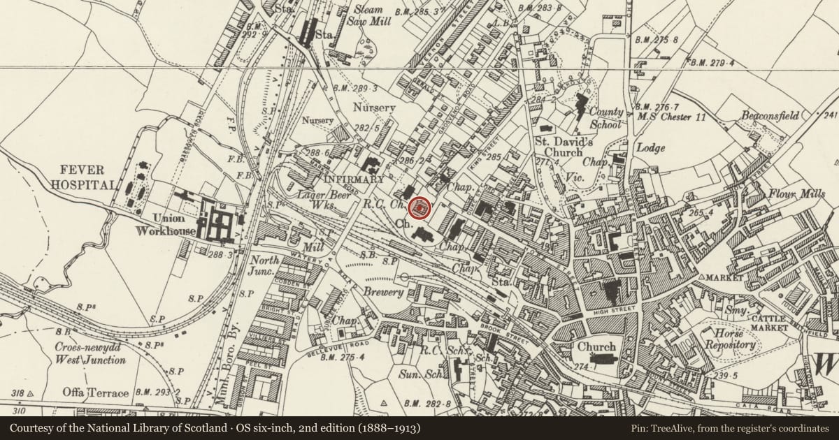 Ordnance Survey six-inch map, 2nd edition (1888–1913) covering the location of Former County Buildings, Offa, Wrexham, with a pin at the register's coordinates