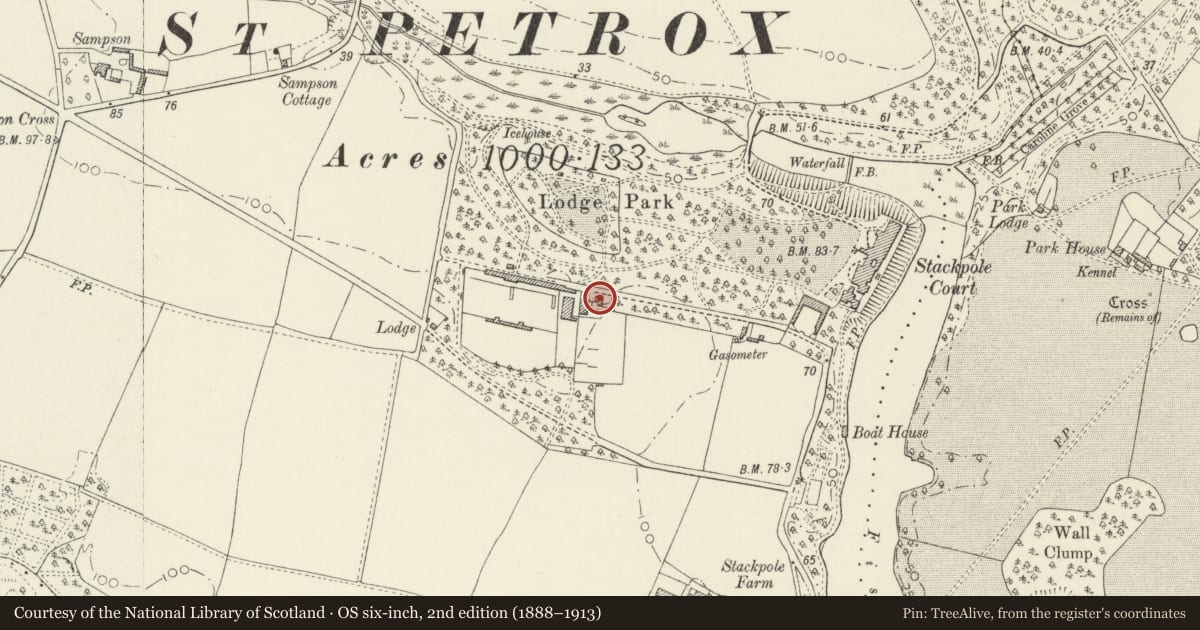 Ordnance Survey six-inch map, 2nd edition (1888–1913) covering the location of Garden Cottage, Stackpole and Castlemartin, Pembrokeshire, with a pin at the register's coordinates
