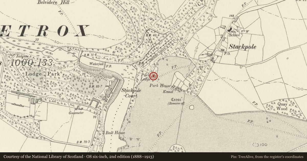 Ordnance Survey six-inch map, 2nd edition (1888–1913) covering the location of Park Lodge Cottage Orne, Stackpole and Castlemartin, Pembrokeshire, with a pin at the register's coordinates