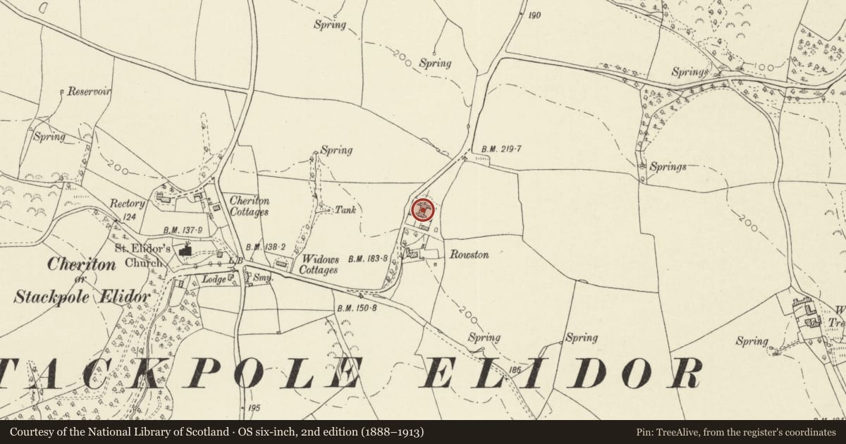 Ordnance Survey six-inch map, 2nd edition (1888–1913) covering the location of Rowston Farmyard, Stackpole and Castlemartin, Pembrokeshire, with a pin at the register's coordinates