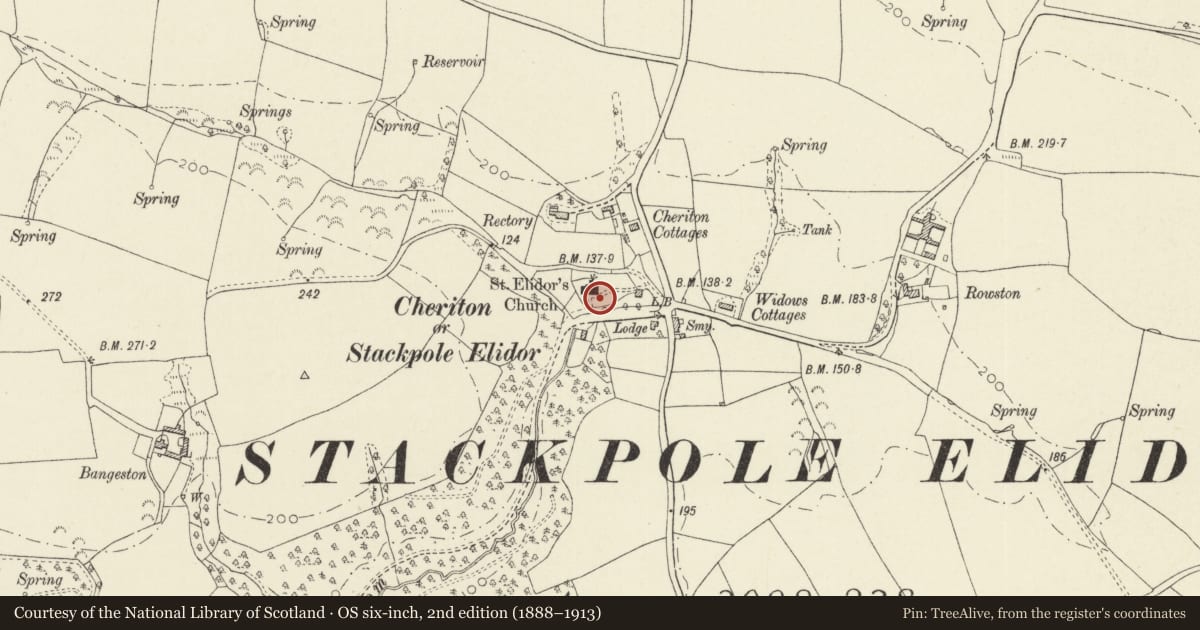 Ordnance Survey six-inch map, 2nd edition (1888–1913) covering the location of St. Elidyr's Church Cross, Stackpole and Castlemartin, Pembrokeshire, with a pin at the register's coordinates