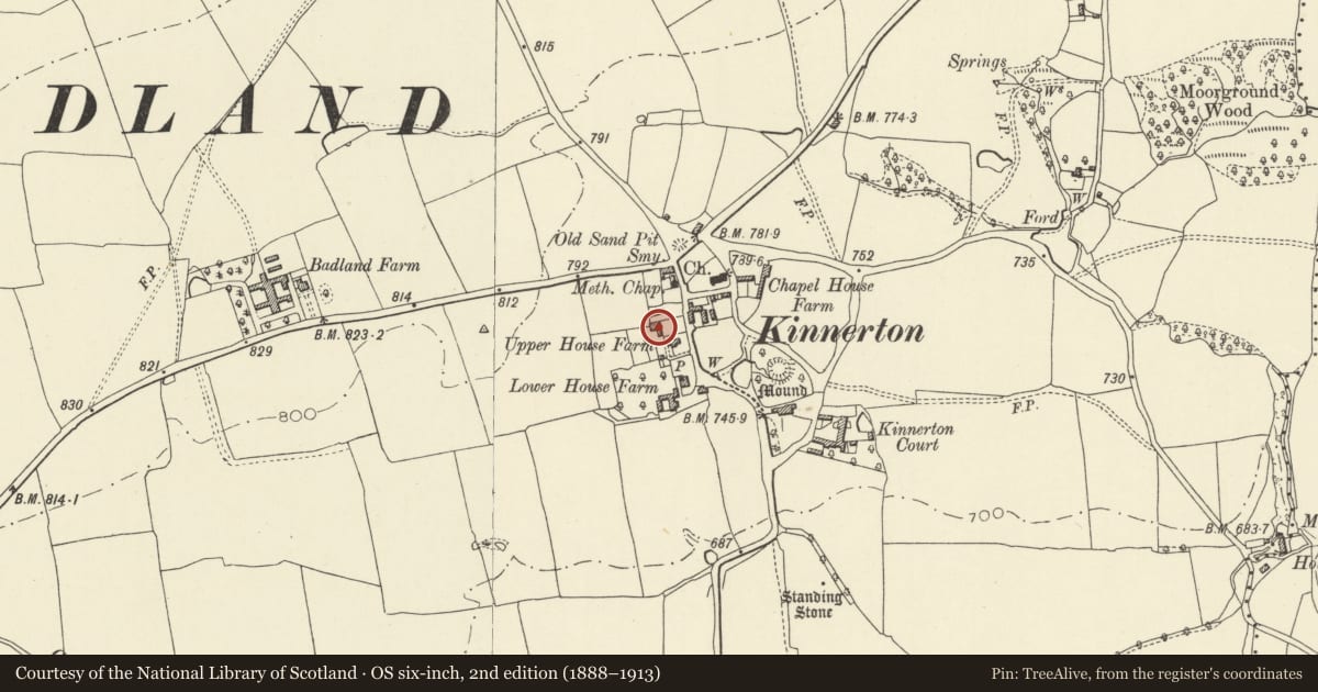 Ordnance Survey six-inch map, 2nd edition (1888–1913) covering the location of Upper House, Old Radnor, Powys, with a pin at the register's coordinates