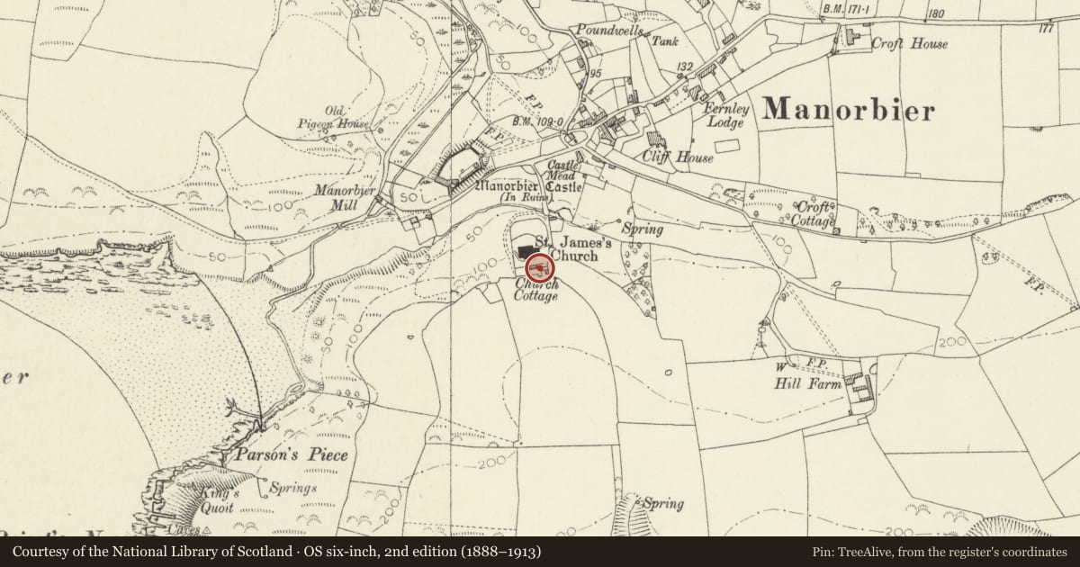 Ordnance Survey six-inch map, 2nd edition (1888–1913) covering the location of Ruins adjacent to Church Hill Cottage, Ruin A, Manorbier, Pembrokeshire, with a pin at the register's coordinates