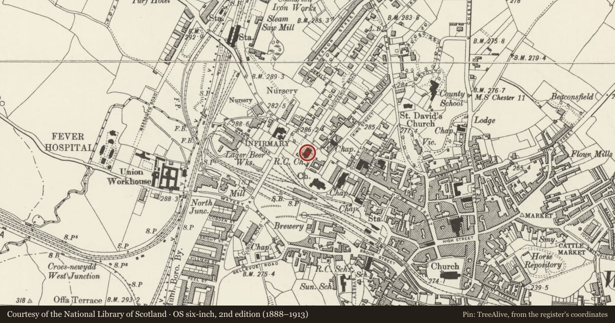 Ordnance Survey six-inch map, 2nd edition (1888–1913) covering the location of Roman Catholic Cathedral of St Mary, Offa, Wrexham, with a pin at the register's coordinates