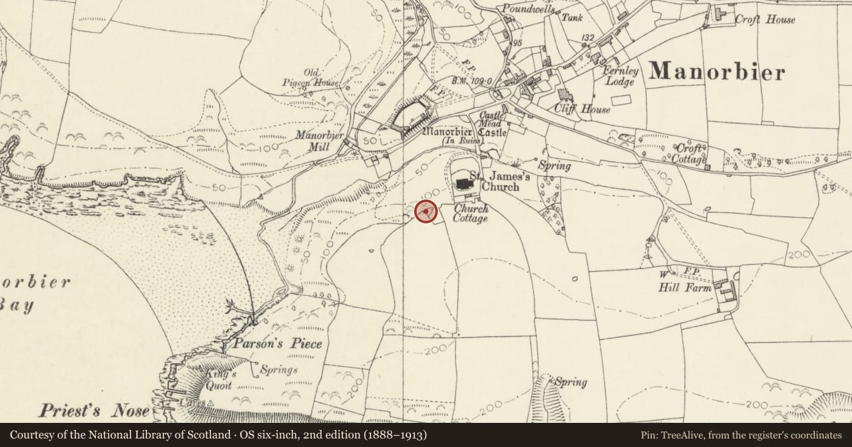 Ordnance Survey six-inch map, 2nd edition (1888–1913) covering the location of Old Vicarage, Manorbier, Pembrokeshire, with a pin at the register's coordinates