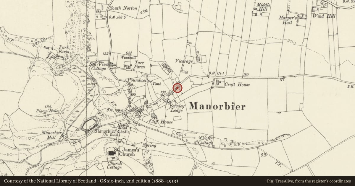 Ordnance Survey six-inch map, 2nd edition (1888–1913) covering the location of Cattle Pound, Manorbier, Pembrokeshire, with a pin at the register's coordinates