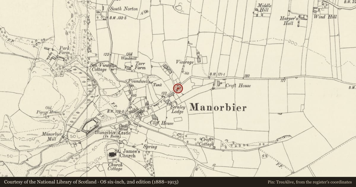 Ordnance Survey six-inch map, 2nd edition (1888–1913) covering the location of Bier House, Manorbier, Pembrokeshire, with a pin at the register's coordinates