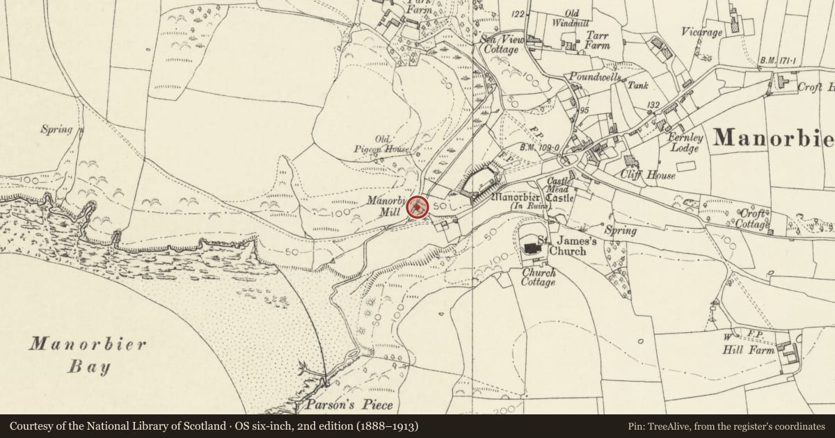 Ordnance Survey six-inch map, 2nd edition (1888–1913) covering the location of Manorbier Mill, Pembrokeshire, with a pin at the register's coordinates