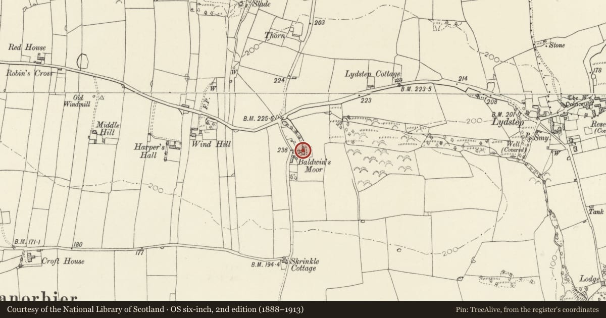 Ordnance Survey six-inch map, 2nd edition (1888–1913) covering the location of The Grange, Manorbier, Pembrokeshire, with a pin at the register's coordinates