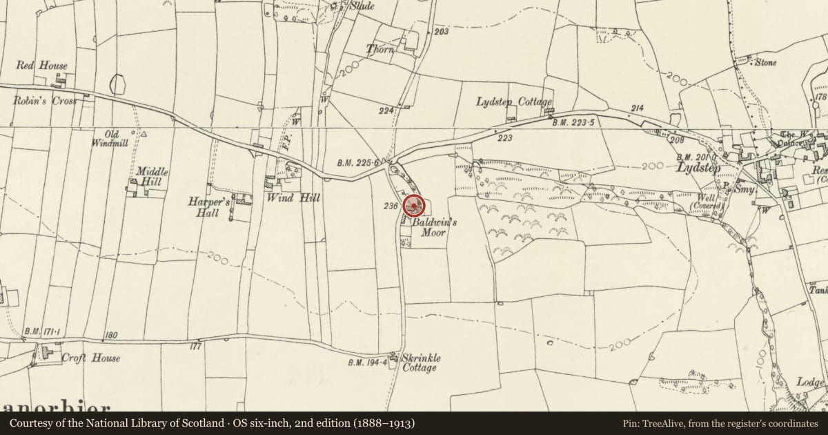 Ordnance Survey six-inch map, 2nd edition (1888–1913) covering the location of Old Farmhouse attached to rear of The Grange, Manorbier, Pembrokeshire, with a pin at the register's coordinates