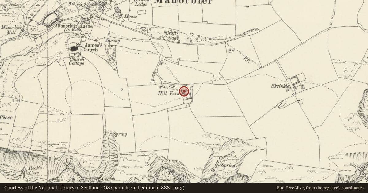 Ordnance Survey six-inch map, 2nd edition (1888–1913) covering the location of Hill Farmhouse, Manorbier, Pembrokeshire, with a pin at the register's coordinates