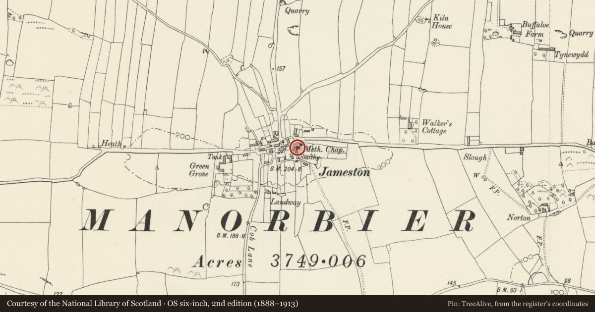 Ordnance Survey six-inch map, 2nd edition (1888–1913) covering the location of Wesley House, Manorbier, Pembrokeshire, with a pin at the register's coordinates
