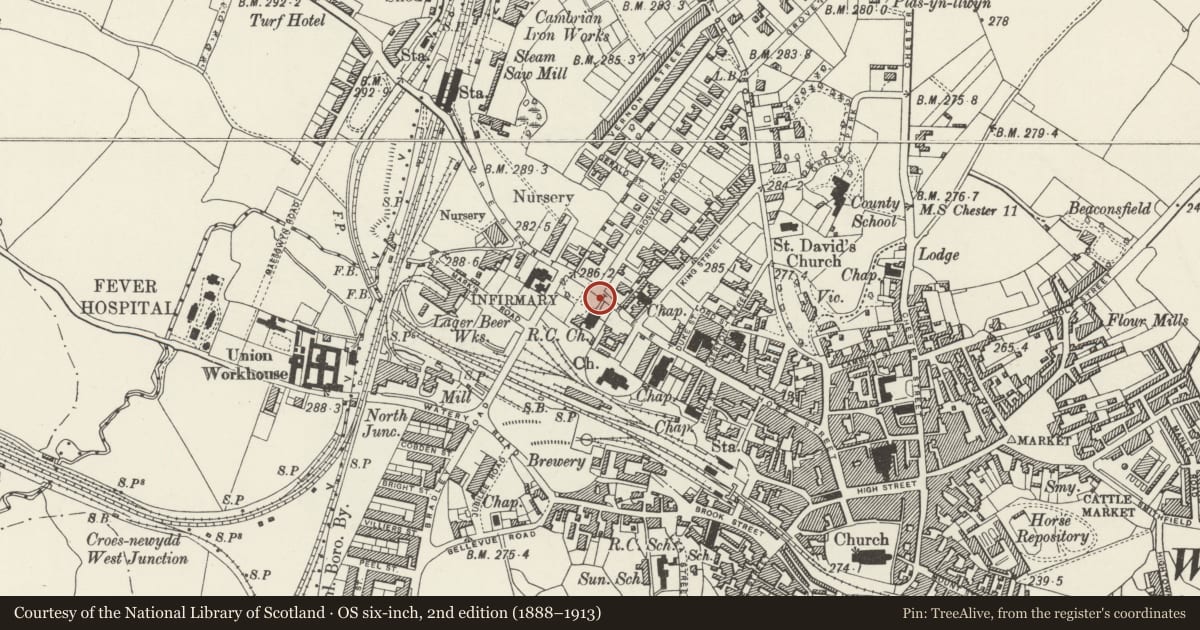 Ordnance Survey six-inch map, 2nd edition (1888–1913) covering the location of Boundary Wall and Gates to Roman Catholic Cathedral, Offa, Wrexham, with a pin at the register's coordinates