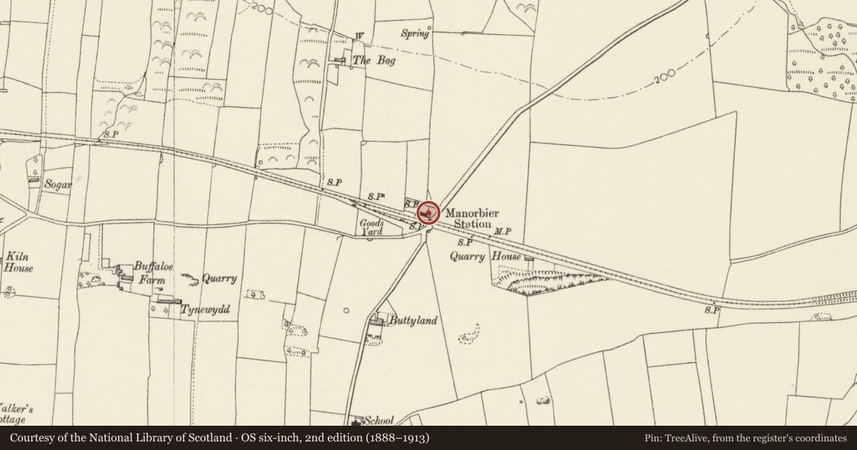 Ordnance Survey six-inch map, 2nd edition (1888–1913) covering the location of Former Railway Stationmaster's House, Manorbier, Pembrokeshire, with a pin at the register's coordinates