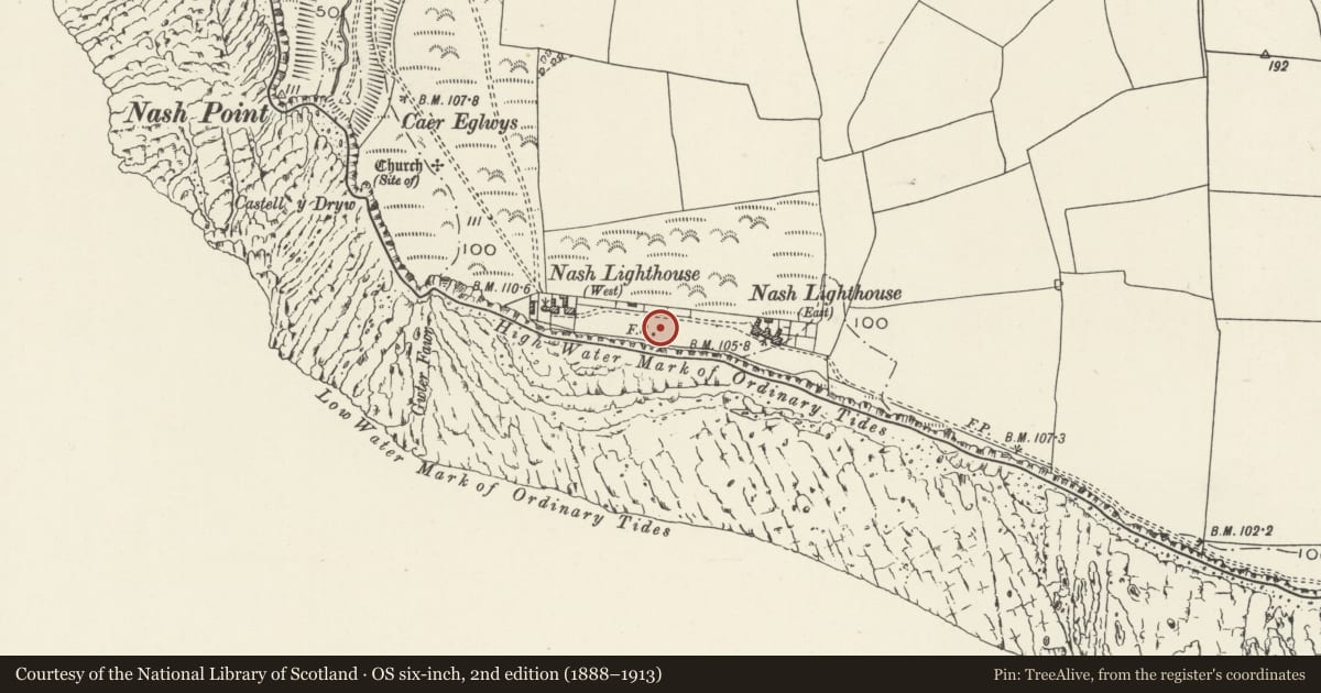 Ordnance Survey six-inch map, 2nd edition (1888–1913) covering the location of Fog Station at Nash Point Lighthouse, St. Donats, Vale of Glamorgan, with a pin at the register's coordinates