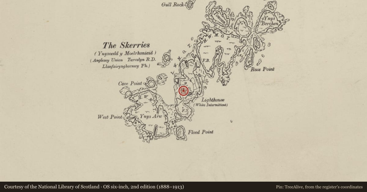 Ordnance Survey six-inch map, 2nd edition (1888–1913) covering the location of Detached former Keeper's Dwelling at Skerries Lighthouse, Cylch-y-Garn, Isle of Anglesey, with a pin at the register's coordinates