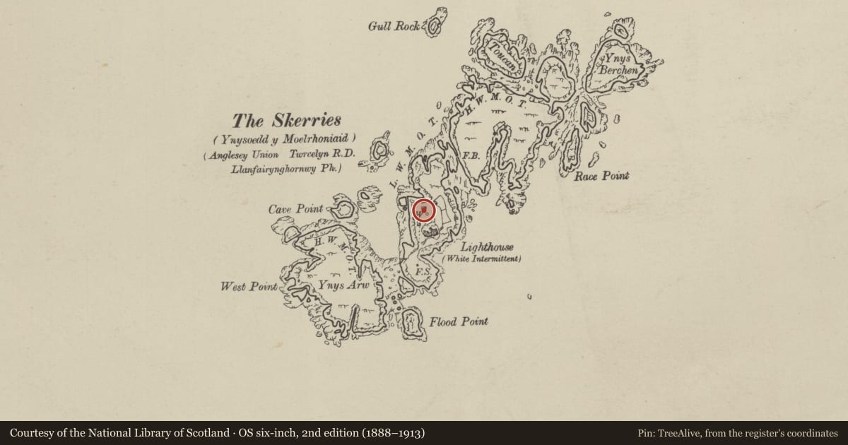 Ordnance Survey six-inch map, 2nd edition (1888–1913) covering the location of Former Oil Store at Skerries Lighthouse, Cylch-y-Garn, Isle of Anglesey, with a pin at the register's coordinates