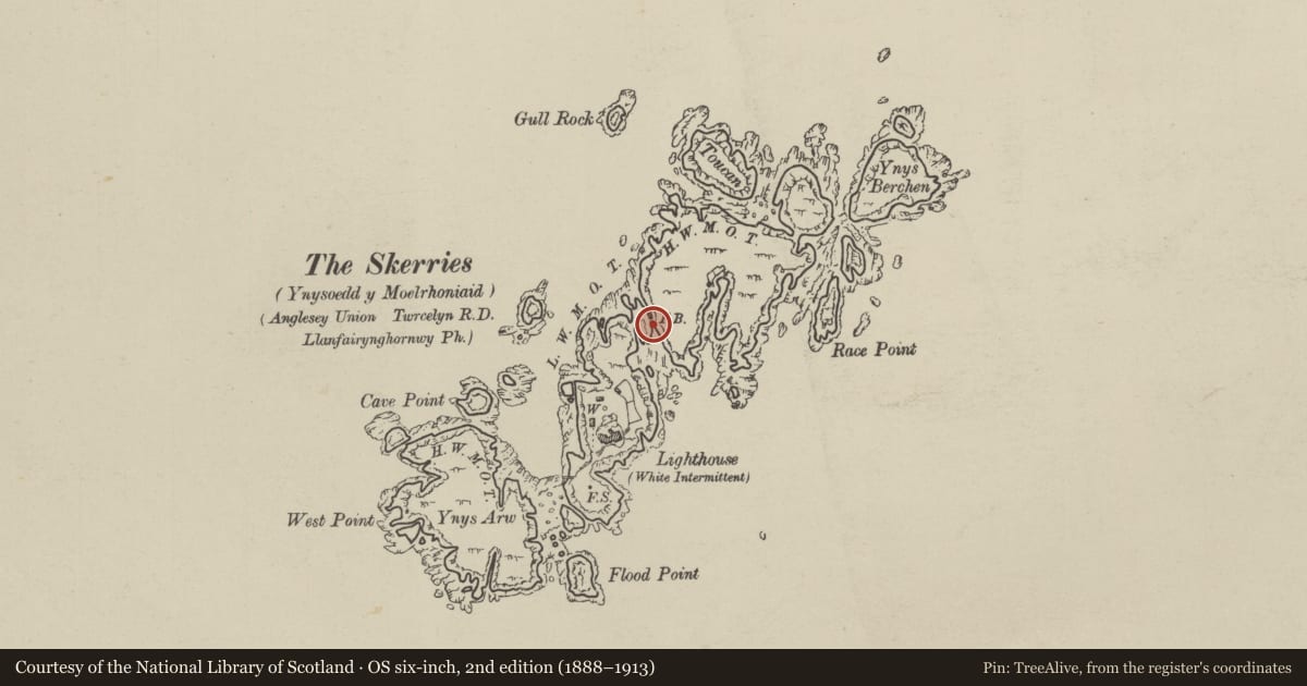 Ordnance Survey six-inch map, 2nd edition (1888–1913) covering the location of Bridge between 2 islands, Cylch-y-Garn, Isle of Anglesey, with a pin at the register's coordinates