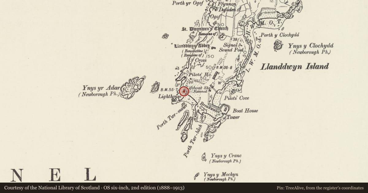 Ordnance Survey six-inch map, 2nd edition (1888–1913) covering the location of Llanddwyn Lighthouse, Rhosyr, Isle of Anglesey, with a pin at the register's coordinates