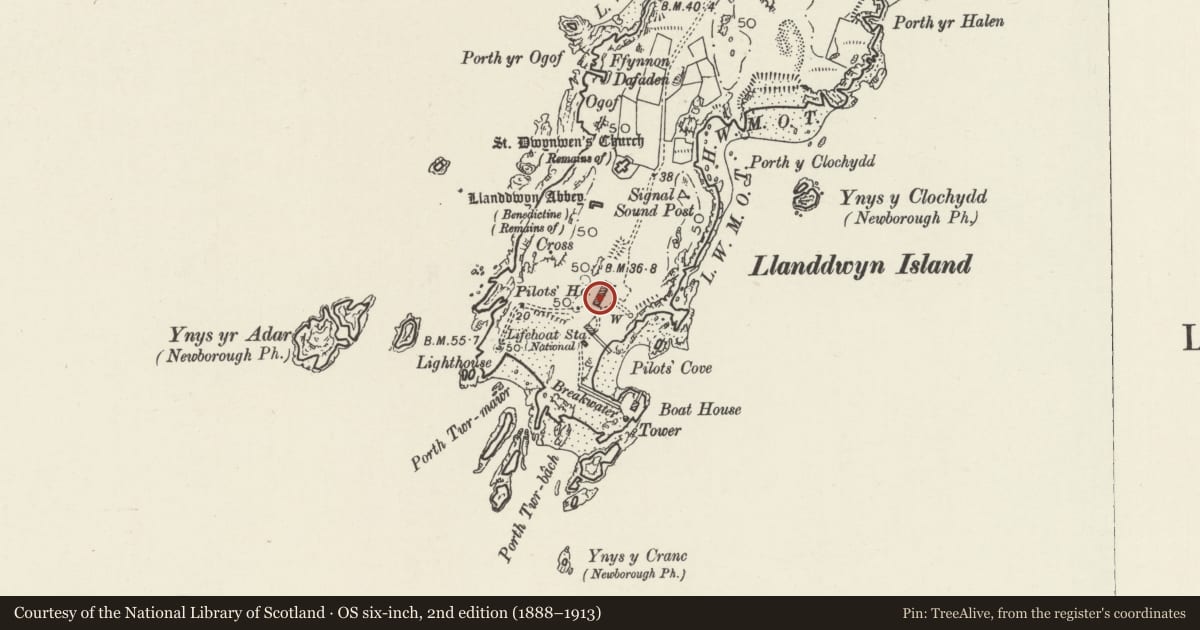 Ordnance Survey six-inch map, 2nd edition (1888–1913) covering the location of Former Keepers' and Pilots Houses at Llanddwyn Lighthouse, Rhosyr, Isle of Anglesey, with a pin at the register's coordinates