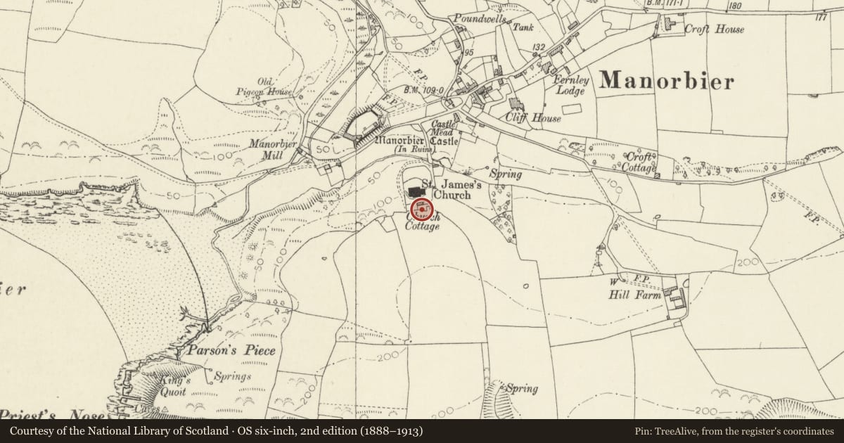 Ordnance Survey six-inch map, 2nd edition (1888–1913) covering the location of Ruins adjacent to Church Hill Cottage, Ruin B, Manorbier, Pembrokeshire, with a pin at the register's coordinates