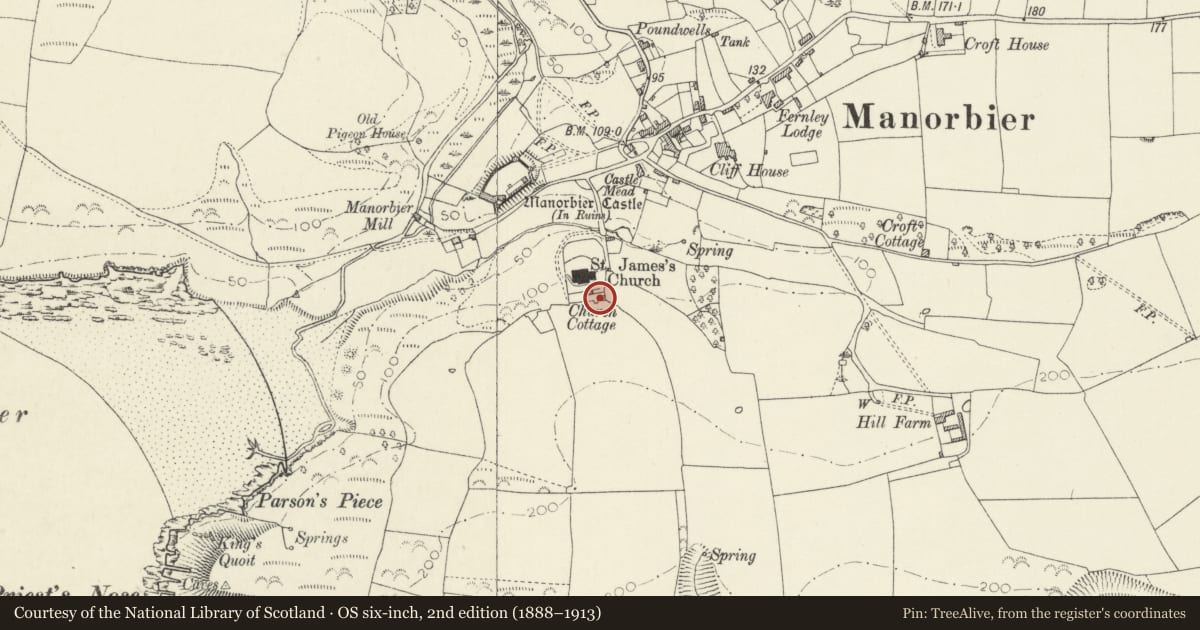 Ordnance Survey six-inch map, 2nd edition (1888–1913) covering the location of Ruins adjacent to Church Hill Cottage, Ruin C, Manorbier, Pembrokeshire, with a pin at the register's coordinates