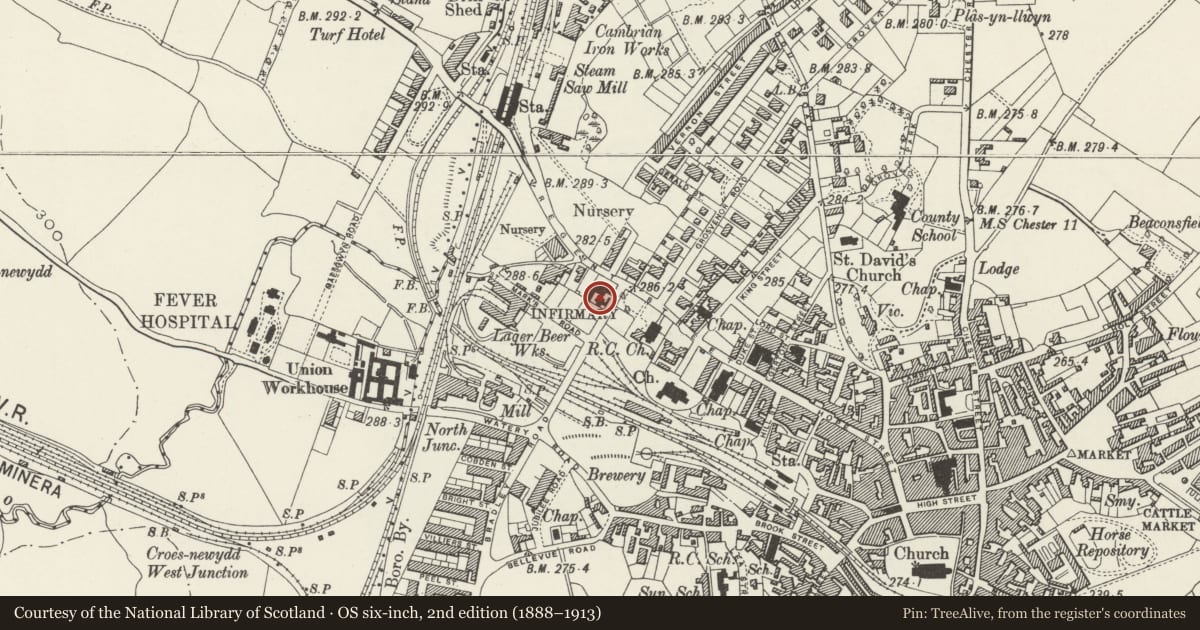 Ordnance Survey six-inch map, 2nd edition (1888–1913) covering the location of Former Wrexham Infirmary, Offa, Wrexham, with a pin at the register's coordinates
