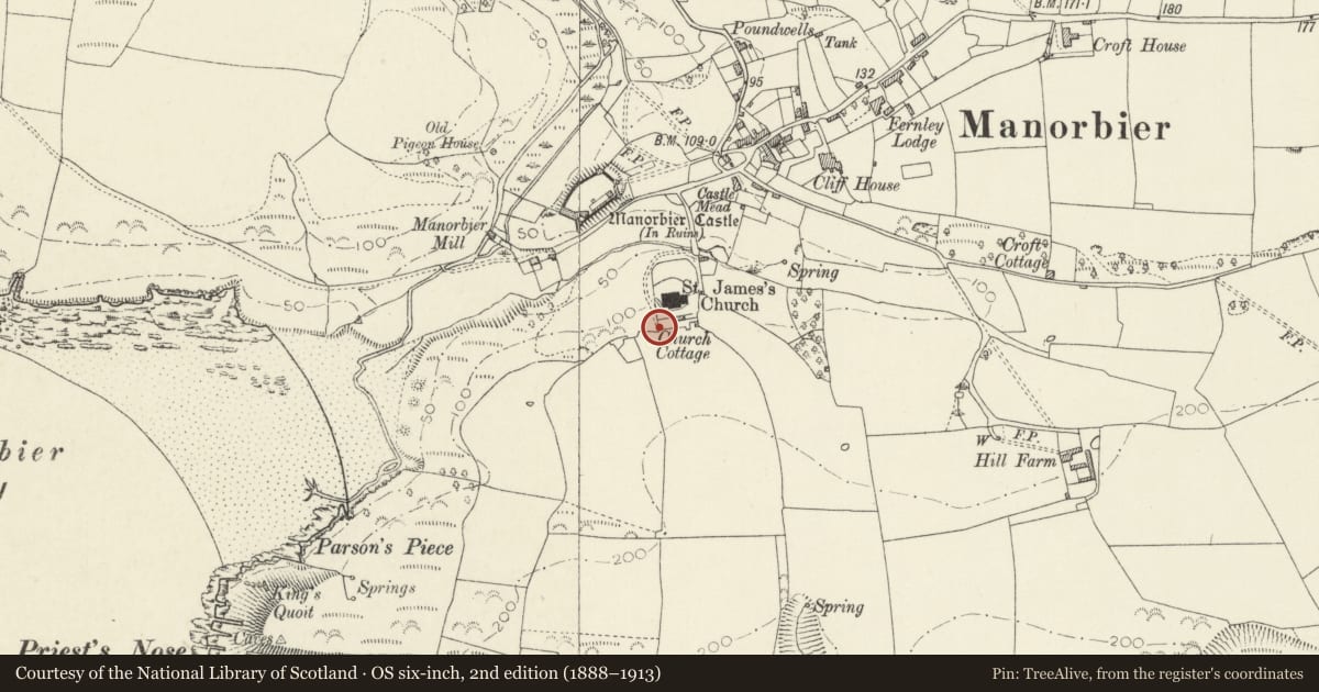 Ordnance Survey six-inch map, 2nd edition (1888–1913) covering the location of Ruins adjacent to Church Hill Cottage, Ruin D, Manorbier, Pembrokeshire, with a pin at the register's coordinates