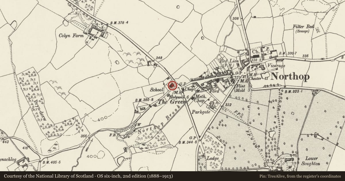 Ordnance Survey six-inch map, 2nd edition (1888–1913) covering the location of The Old School, Northop, Flintshire, with a pin at the register's coordinates