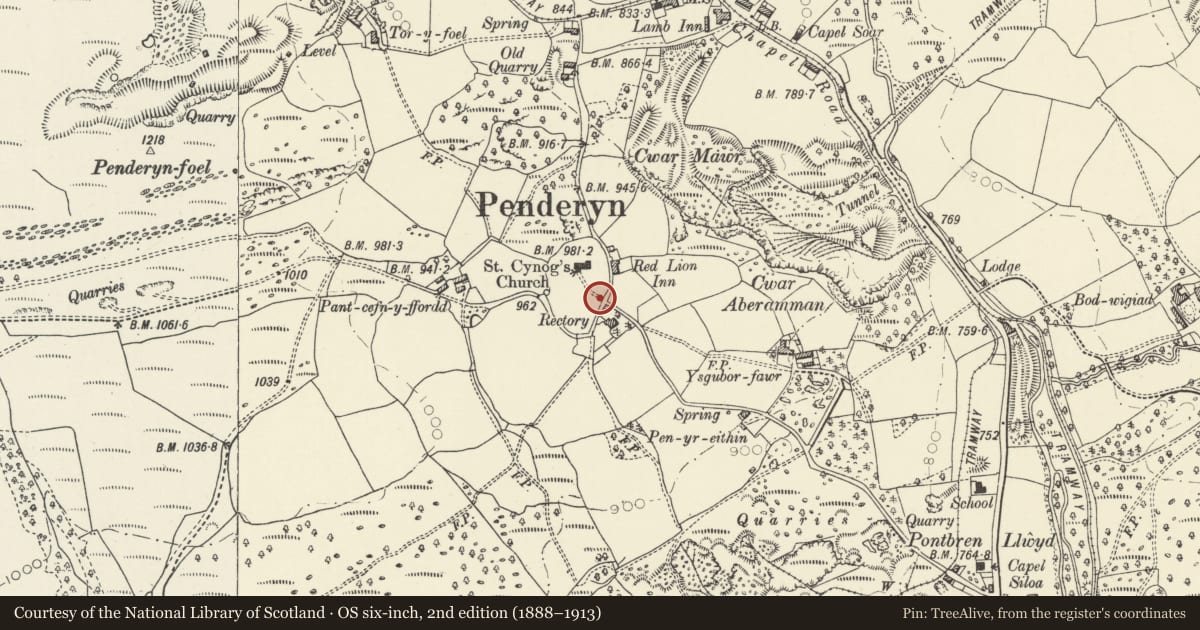 Ordnance Survey six-inch map, 2nd edition (1888–1913) covering the location of Churchyard wall, including pound & lych gate, at St Cynog's church, Hirwaun, Rhondda Cynon Taff, with a pin at the register's coordinates