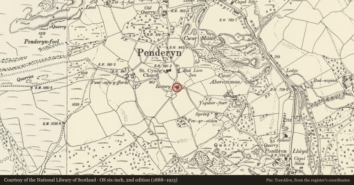 Ordnance Survey six-inch map, 2nd edition (1888–1913) covering the location of The Rectory, Hirwaun, Rhondda Cynon Taff, with a pin at the register's coordinates