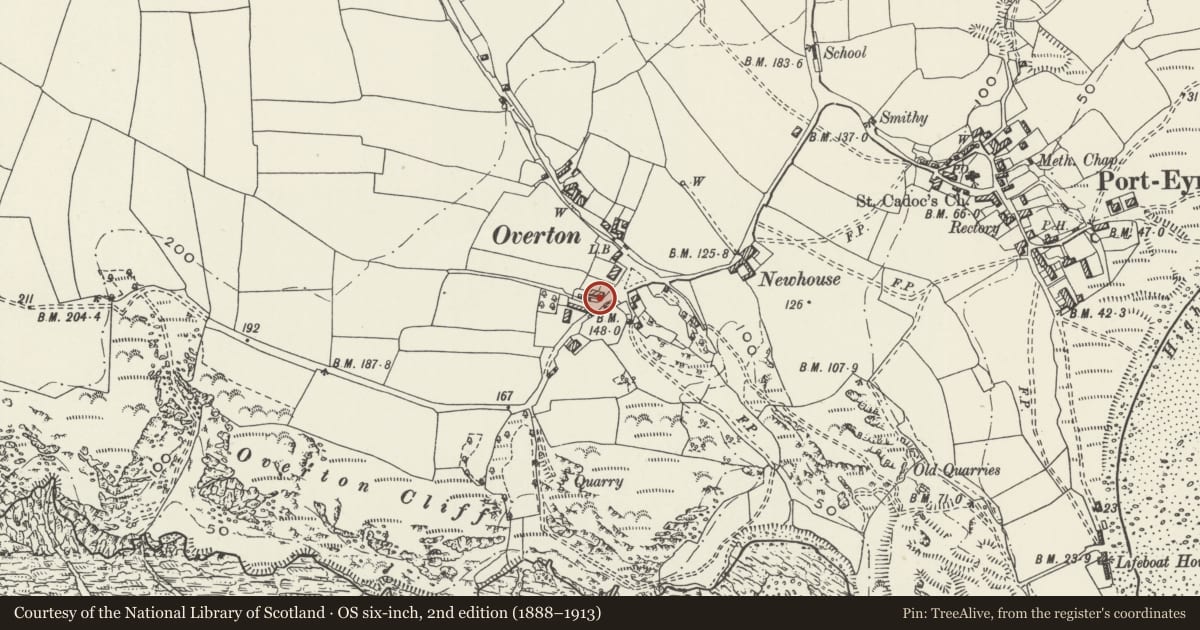 Ordnance Survey six-inch map, 2nd edition (1888–1913) covering the location of Overton House, Port Eynon, Swansea, with a pin at the register's coordinates