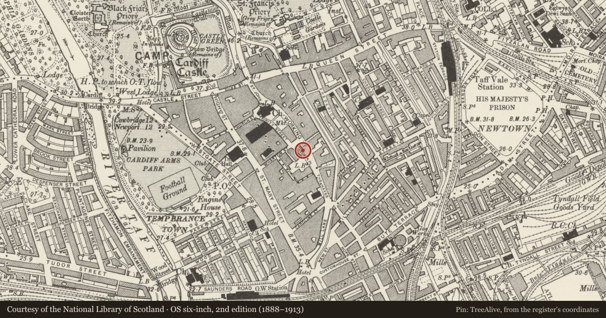 Ordnance Survey six-inch map, 2nd edition (1888–1913) covering the location of Ladies' Toilets, Castle, Cardiff, with a pin at the register's coordinates