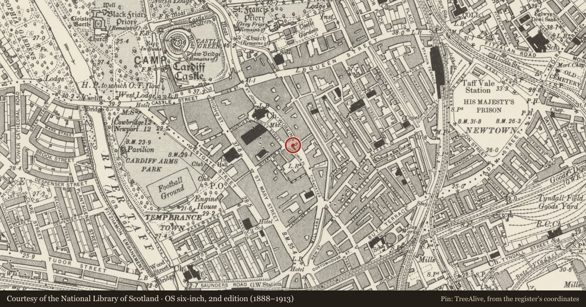 Ordnance Survey six-inch map, 2nd edition (1888–1913) covering the location of Hayes Island Snack Bar, Castle, Cardiff, with a pin at the register's coordinates