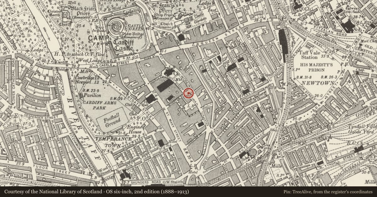 Ordnance Survey six-inch map, 2nd edition (1888–1913) covering the location of Lamp Post, Castle, Cardiff, with a pin at the register's coordinates