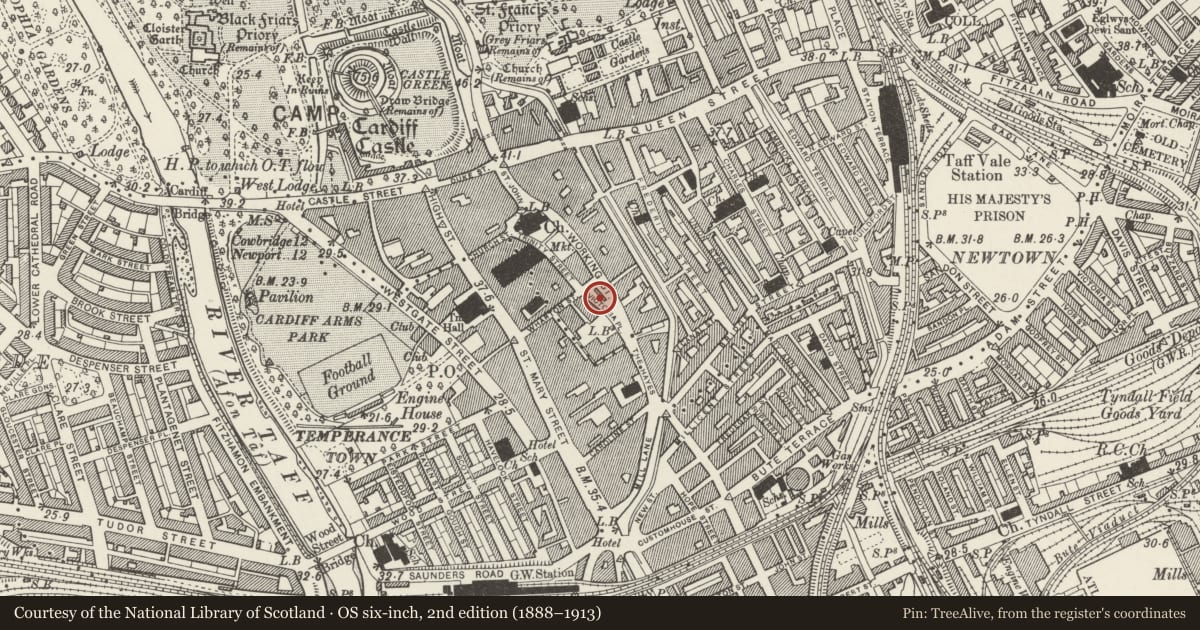 Ordnance Survey six-inch map, 2nd edition (1888–1913) covering the location of Lamp Post, Castle, Cardiff, with a pin at the register's coordinates