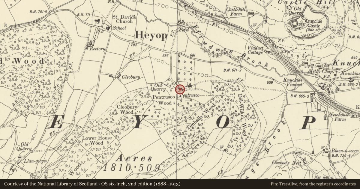 Ordnance Survey six-inch map, 2nd edition (1888–1913) covering the location of Pentrusco Farmhouse and attached agricultural range, Beguildy, Powys, with a pin at the register's coordinates