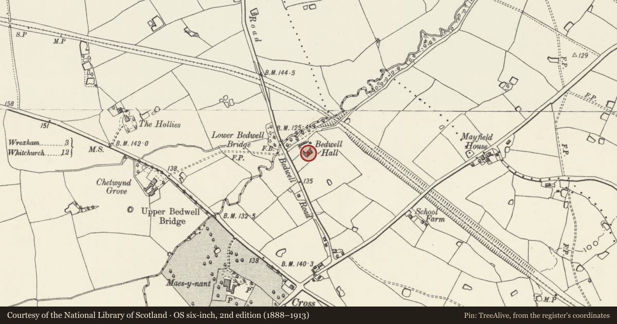 Ordnance Survey six-inch map, 2nd edition (1888–1913) covering the location of Bedwell Hall, Sesswick, Wrexham, with a pin at the register's coordinates