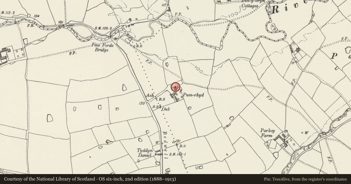 Ordnance Survey six-inch map, 2nd edition (1888–1913) covering the location of Pum-Rhyd, Sesswick, Wrexham, with a pin at the register's coordinates