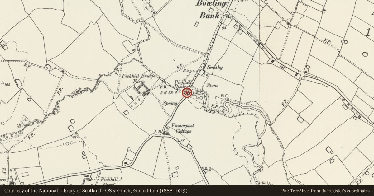 Ordnance Survey six-inch map, 2nd edition (1888–1913) covering the location of Pickhill Bridge, Sesswick, Wrexham, with a pin at the register's coordinates