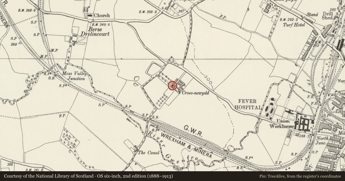 Ordnance Survey six-inch map, 2nd edition (1888–1913) covering the location of Croesnewydd Hall, Offa, Wrexham, with a pin at the register's coordinates