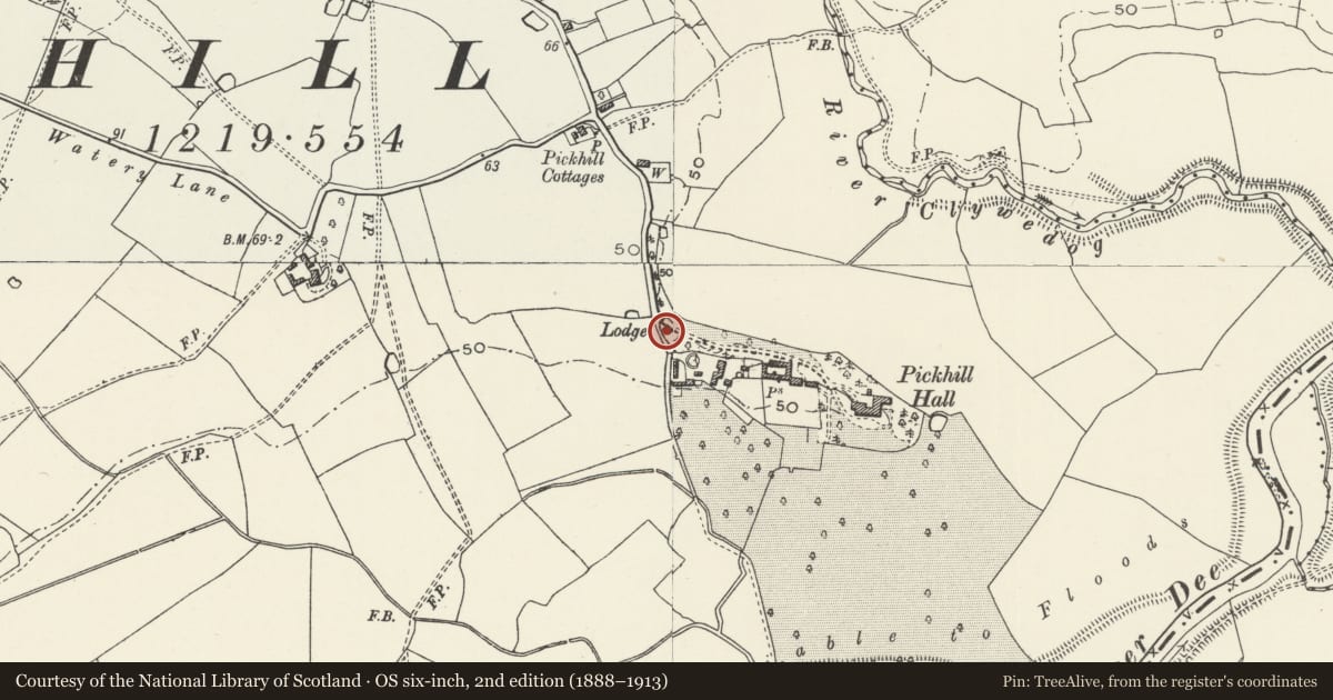 Ordnance Survey six-inch map, 2nd edition (1888–1913) covering the location of Pickhill Hall Lodge, Sesswick, Wrexham, with a pin at the register's coordinates