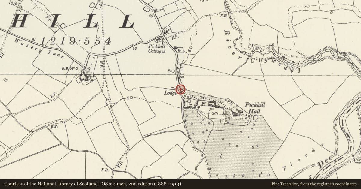 Ordnance Survey six-inch map, 2nd edition (1888–1913) covering the location of Gate and gate-piers at Pickhill Hall Lodge, Sesswick, Wrexham, with a pin at the register's coordinates