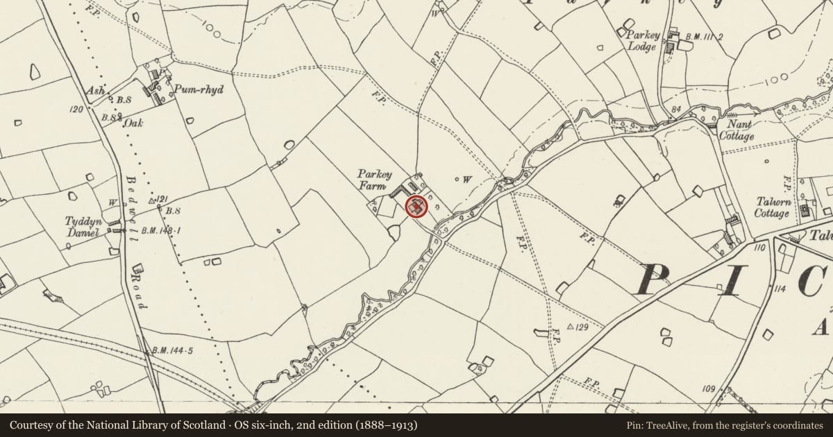 Ordnance Survey six-inch map, 2nd edition (1888–1913) covering the location of Parkey Farmhouse, Sesswick, Wrexham, with a pin at the register's coordinates