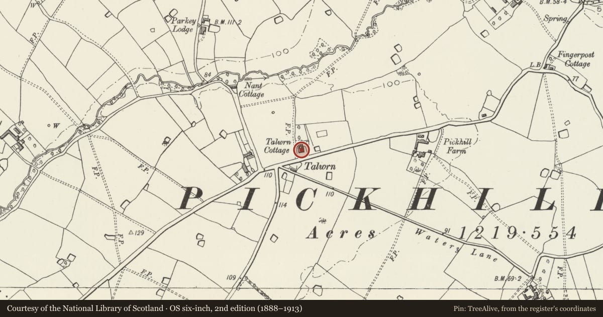 Ordnance Survey six-inch map, 2nd edition (1888–1913) covering the location of Talwrn House, Sesswick, Wrexham, with a pin at the register's coordinates