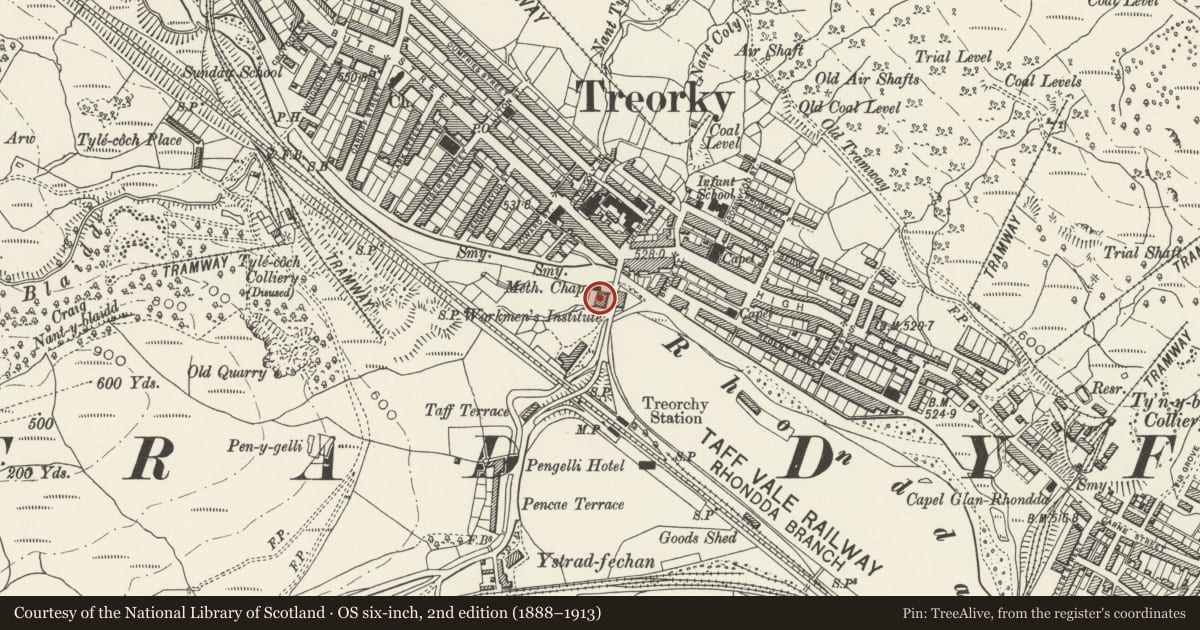 Ordnance Survey six-inch map, 2nd edition (1888–1913) covering the location of Park and Dare Workmen's Institute and Hall, Treorchy, Rhondda Cynon Taff, with a pin at the register's coordinates