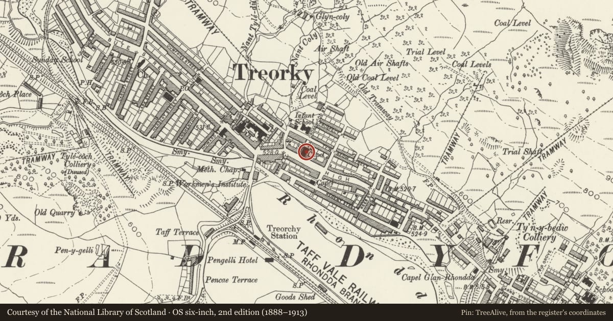 Ordnance Survey six-inch map, 2nd edition (1888–1913) covering the location of Bethlehem Eglwys Presbyteraidd Cymru/Bethlehem Welsh Presbyterian Chapel, Treorchy, Rhondda Cynon Taff, with a pin at the register's coordinates