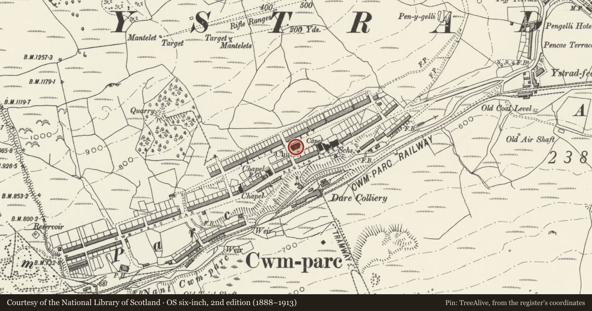 Ordnance Survey six-inch map, 2nd edition (1888–1913) covering the location of Church of St George, Treorchy, Rhondda Cynon Taff, with a pin at the register's coordinates