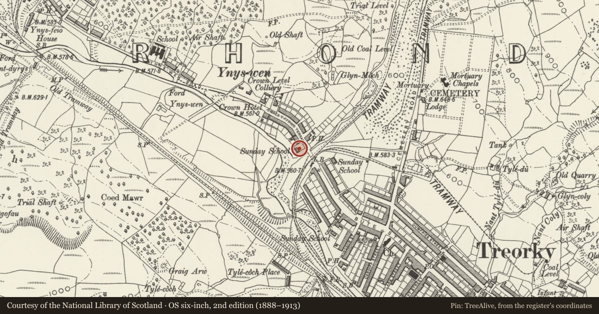 Ordnance Survey six-inch map, 2nd edition (1888–1913) covering the location of Ainon Capel y Bedyddwyr/Ainon Welsh Baptist Chapel, Treorchy, Rhondda Cynon Taff, with a pin at the register's coordinates
